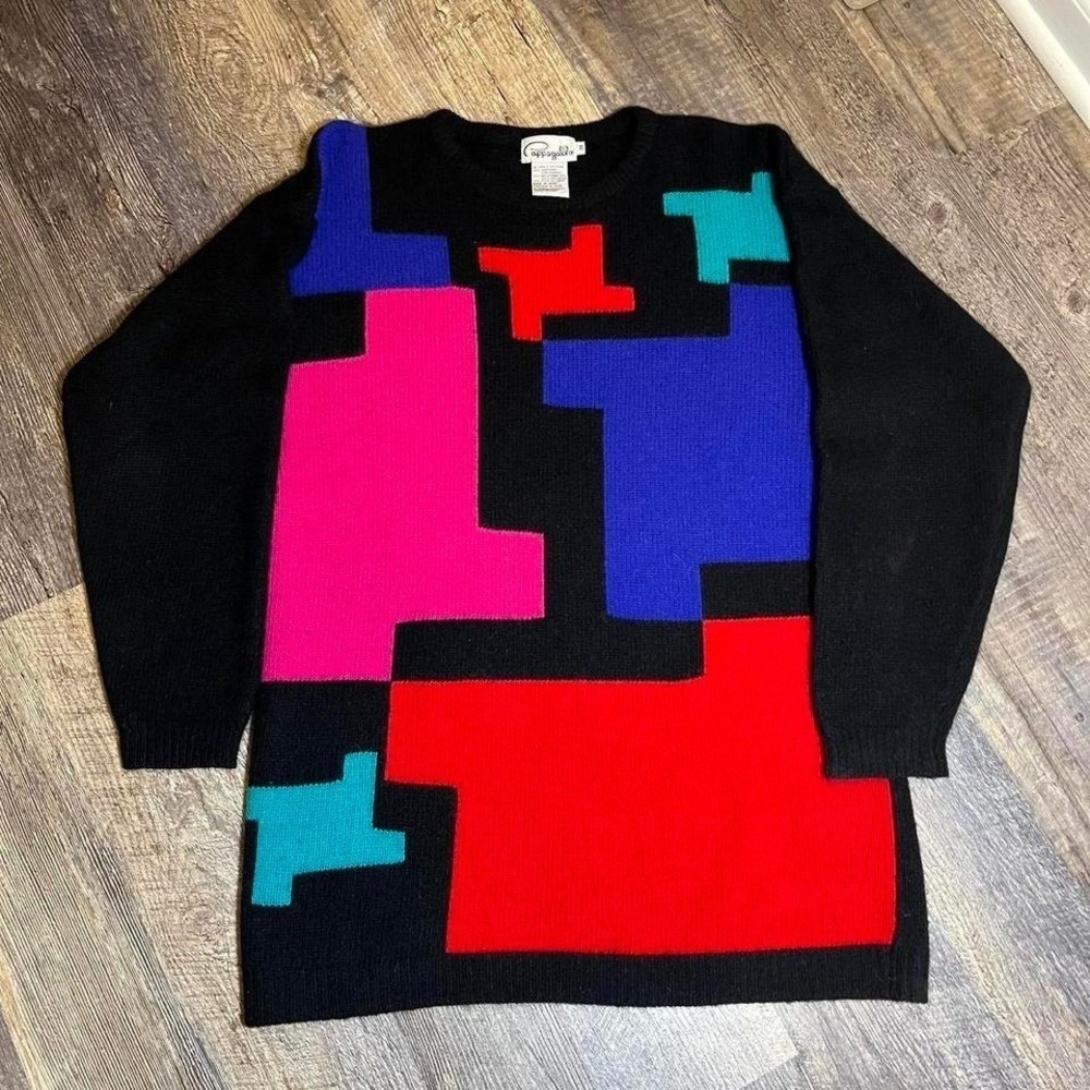 Vintage 1992 Pappagallo Colorblock Geometric Wool Angora Sweater Black Size M